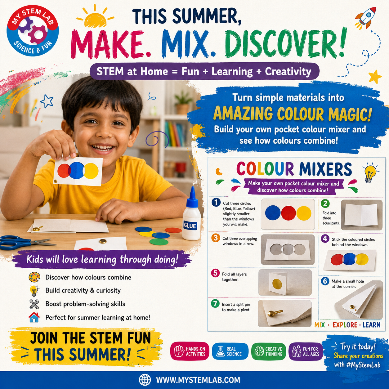 Child holding a DIY pocket colour mixer showing red, blue and yellow circles – My Stem Lab STEM activity